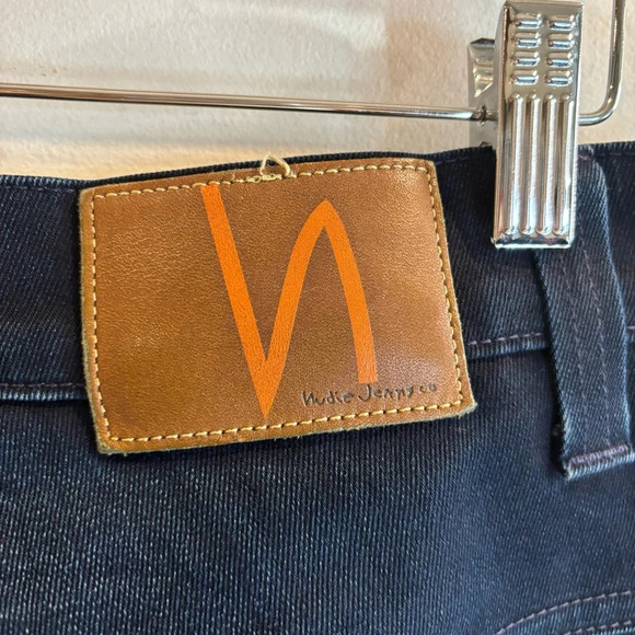 NUDIE Sz 33 x 34 Jeans Thin Finn Dark Shine Slim Dark Wash Wiskering Denim - Picture 6 of 13